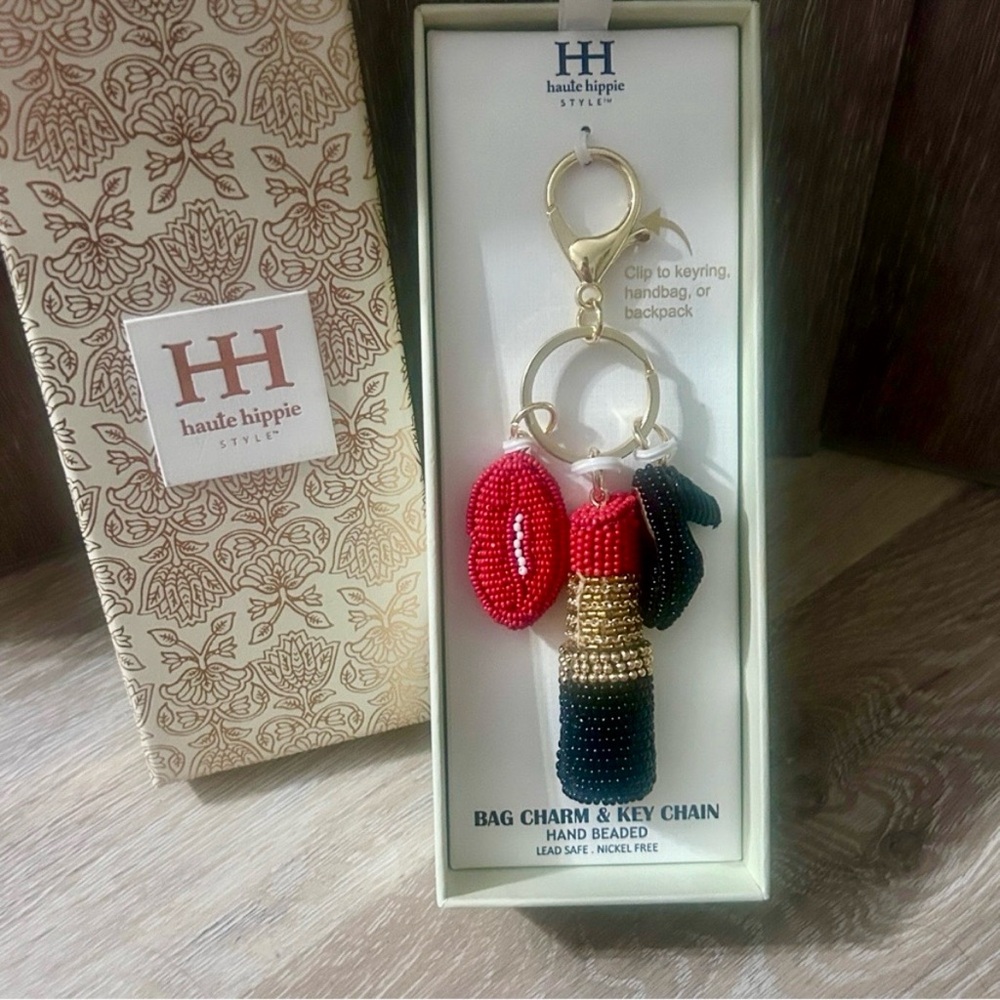 Haute Hippie™ Beaded Bag Charm & Key Chain –Red Lips, Lipstick, Black Heel-
